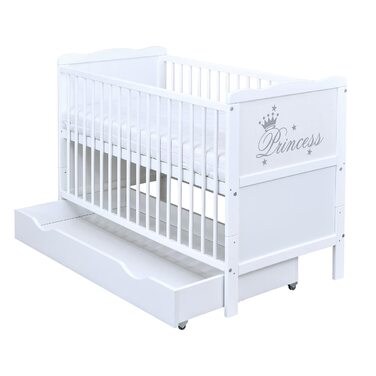 Дитяче ліжечко 60x120, що трансформується в дитяче ліжко, біла принцеса з шухлядою та матрацом, включаючи прорізувачі для зубів
