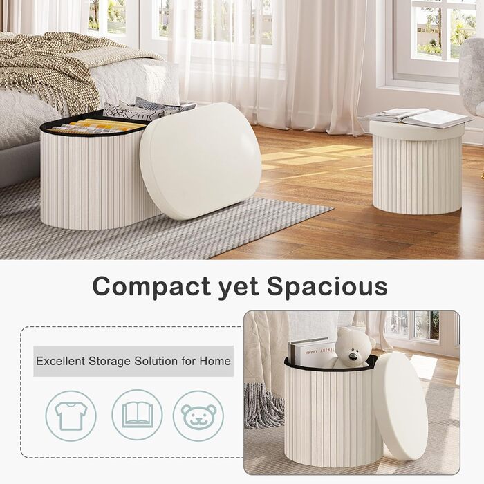 Круглий стілець WOLTU, пуф для зберігання з кришкою, м&39яка скриня для зберігання, складаний, м&39яка скриня для зберігання, виготовлена з оксамитового МДФ, 38xВ36 см, кремовий 38Г x 38Ш x 36В см