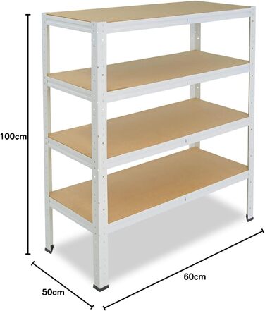 Надміцний стелаж для дому, білий/металевий стелаж з 4 полицями/стелаж для підвалу, стелаж для гаража, стелаж для майстерні або стелаж для зберігання/металевий стелаж без болтів, вантажопідйомність 175 кг, В 100см / Ш 50см / Г 60см, 100x50x60