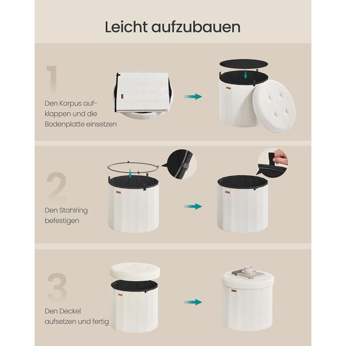 Колекція SONGMICS Mazie Круглий пуф для зберігання речей, пуф для ніг з місцем для зберігання, складний пуф зі знімною кришкою, легке складання, фліс, для гуртожитку, спальні, вітальні, кремово-білий LSF606W01 Фліс кремово-білий