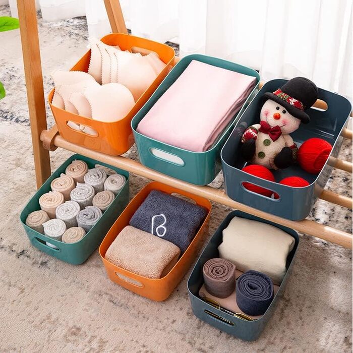 Елементні пластикові коробки для зберігання, різні кольори, кошики для організації зберігання для кухні, шафи, офісу, ванної кімнати, іграшок, домашнього прибирання, відкриті контейнери для зберігання з ручками (6 шт. 24x17,5x9,5 см), 6-