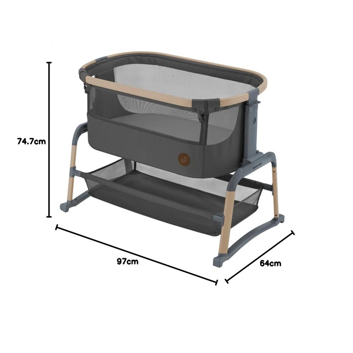 Дитяче ліжечко Maxi-Cosi Iora Air, тумбочка, дихаюча сітчаста тканина, регульована висота, з матрацом, екологічно чисте, підходить з народження, 06 місяців/макс. 9 кг, колір Graphite FR
