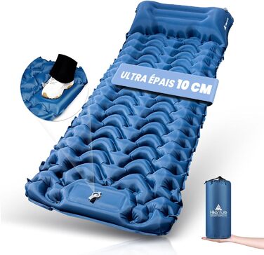 Килимок для кемпінгу HIKENTURE, заввишки 10 см, невеликий розмір у упаковці, надувний килимок для сну з ножним насосом для активного відпочинку, походів та використання в наметі, синій