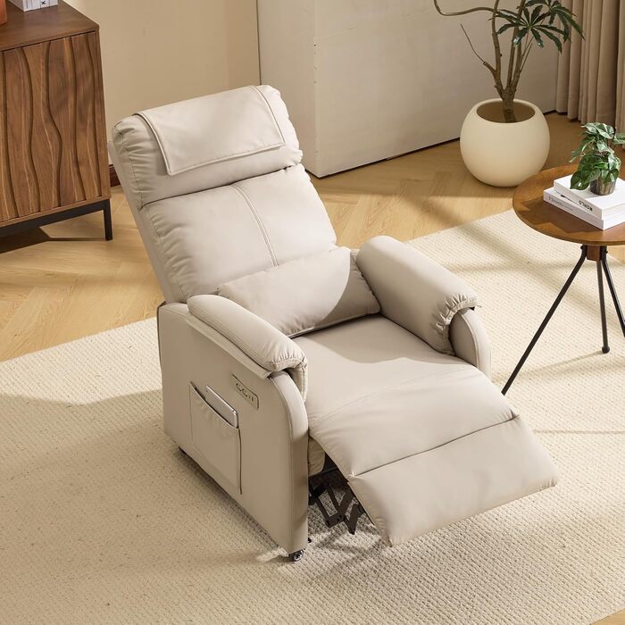 Крісло Bonnlo Recliner, крісло для телевізора, електричне масажне крісло з функцією відкидання, крісло для телевізора, 2-точковий масаж та функція підігріву, порти USB-C та USB-A, 1 бічна кишеня, шкіра, стійка до подряпин, бежевий колір
