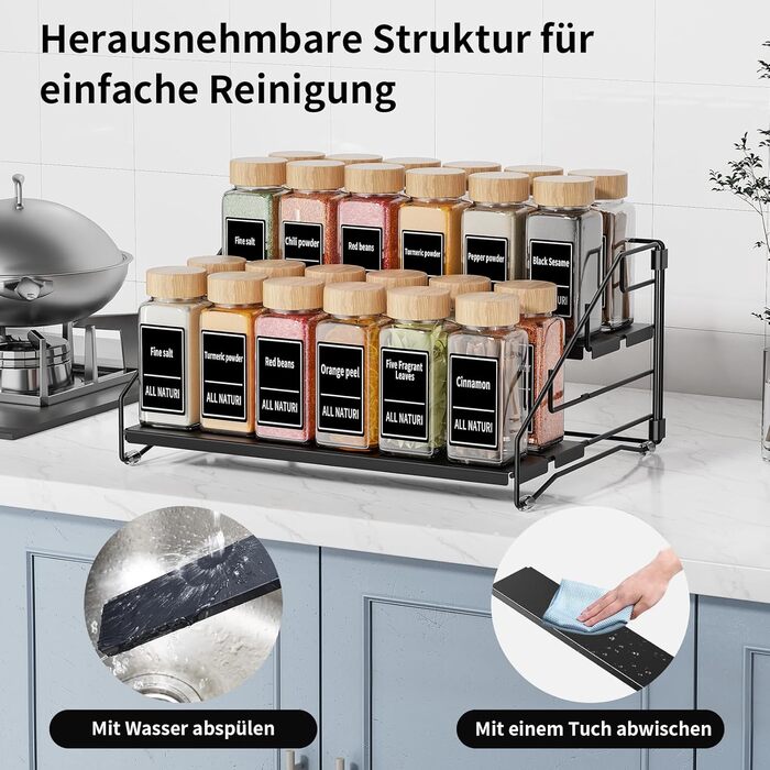 Підставка для спецій, чорна, кухонна полиця, зберігання спецій, кухня, для стільниці, органайзер для шафи, складаний металевий тримач для спецій, ширина 34 см, чорний, 1 упаковка