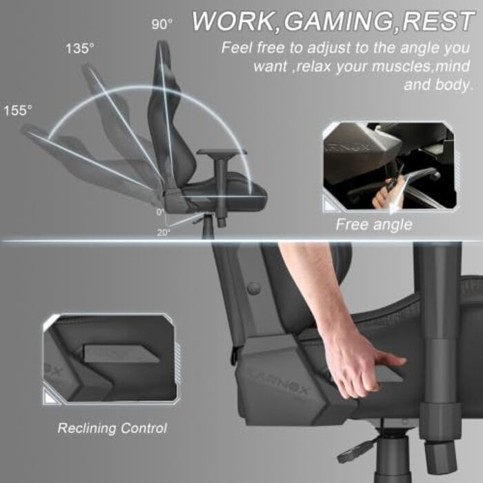 Ергономічне ігрове крісло Підтримка голови та попереку, велике високе офісне крісло, тканинний чохол, функція нахилу 155 з механізмом блокування, темно-сірий