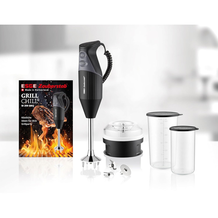 Ручний блендер ESGE Wand M 200 BBQ 98215 чорний, ручний блендер, ручний міксер, професійний, включаючи аксесуари, до 17 000 об/хв, 200 Вт, ергономічний дизайн ручки, подвійний перемикач, центрування, що застібається, двигун змінного струму