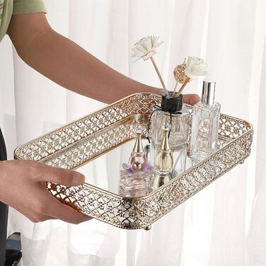 Піднос для парфумів ELLDOO, піднос із дзеркалом, піднос для макіяжу, різьблений піднос для ювелірних виробів, скло, метал, піднос для зберігання ювелірних виробів, органайзер для дому, золотий, середній розмір золото, срібло 30 x 20,1 x 5,1 см