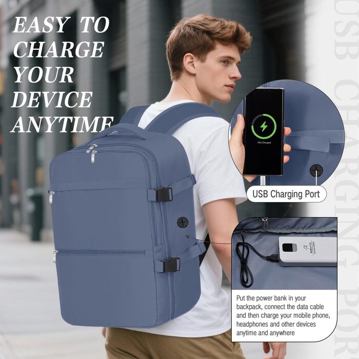 Рюкзак для ручної поклажі Ryanair 40x30x20, невеликий дорожній рюкзак, ручна поклажа, дорожній рюкзак для Ryanair, Easyjet та Wizz Air з відділенням для ноутбука та кишенею проти крадіжки, D-синій