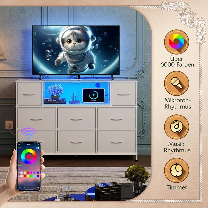 Комод WLIVE, 8 тканинних шухляд, комод з розетками, універсальний комод для спальні та вітальні, з міцним сталевим каркасом та дерев&39яною стільницею, 120 * 30 * 79 см (білий)