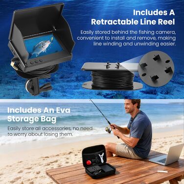 Ехолот з 4,3-дюймовим IPS-дисплеєм та підводною камерою, кабелем 30 м, акумулятором 5000 мАг, водонепроникністю IP65, нічним баченням з широким кутом огляду 220 для морської риболовлі, підлідної риболовлі, річкової риболовлі та риболовлі на озері.