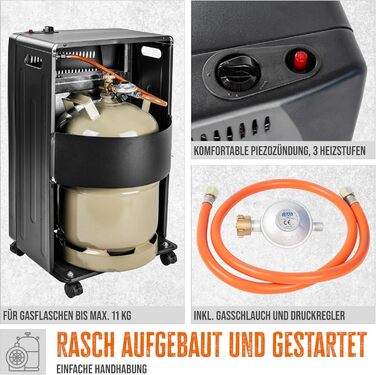 Газовий обігрівач Gde GGH 4200 K (4200 Вт, 3 рівні нагріву, п&39єзорозпалювання, портативний, робочий тиск 50 мбар, керамічні нагрівальні елементи, термозапобіжник, 4 фіксуючі ролики, вкл. газовий шланг та регулятор тиску)