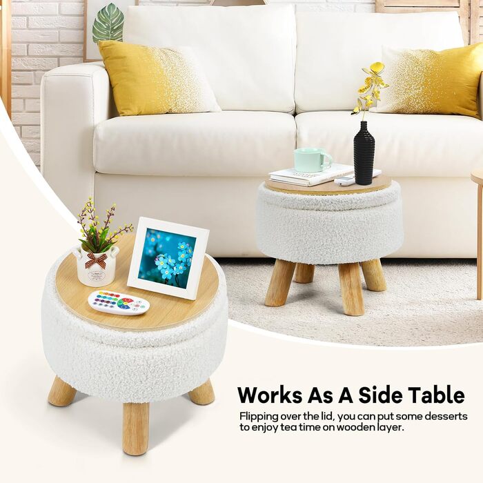 Пуф-підставка для ніг, маленький круглий пуф з місцем для зберігання, пуф з букле плюшевого оксамиту з дерев&39яними ніжками, м&39який пуф з місцем для зберігання для вітальні, спальні, (кремовий) (кремовий)