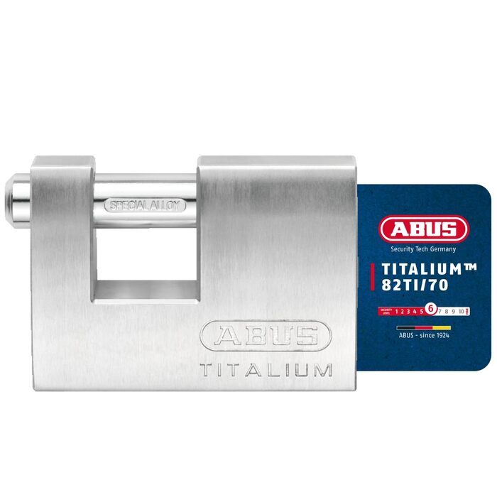 Замок навісний ABUS Titalium 82TI/70 - моноблочний замок для ролетних решіток, автоматів, контейнерів тощо - замикаючий болт із загартованої сталі - рівень безпеки ABUS 6, 70 мм, з індивідуальним ключем