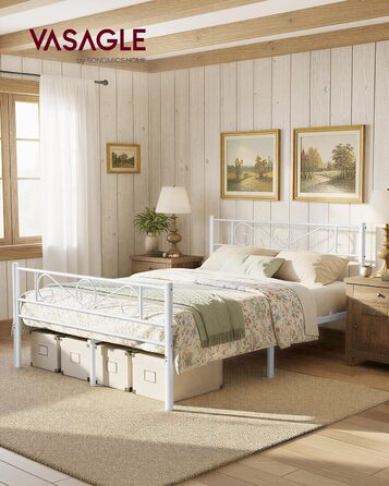 Ліжко VASAGLE 140 x 200 см, Гостьове ліжко, Двоспальне ліжко з металу, Каркас ліжка, Каркас ліжка, Металеве ліжко, Легке складання, Матовий білий RMB064WG01 140 x 200 см Матовий білий