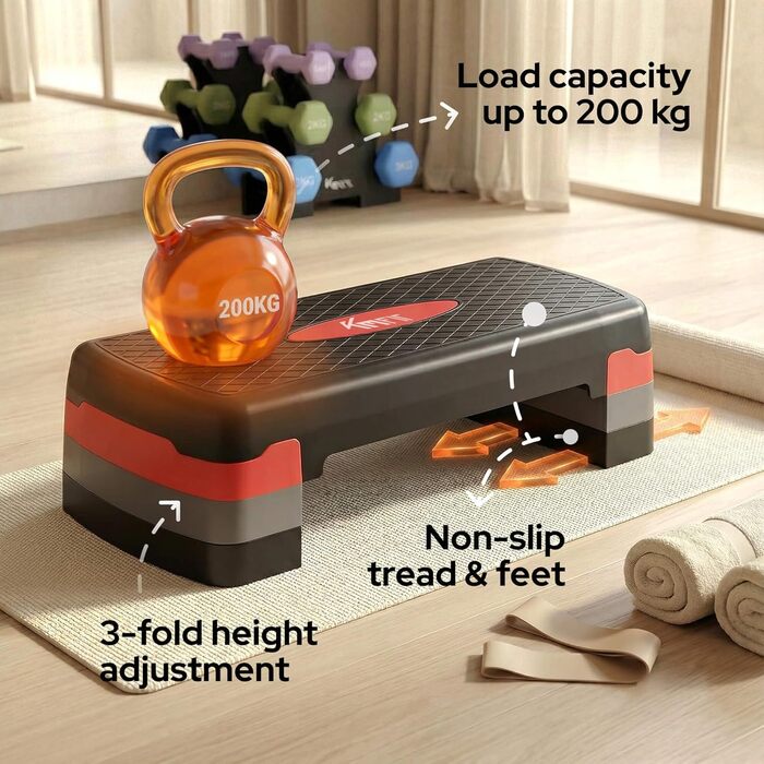 Фітнес-степер KM-Fit Аеробний степер для домашнього використання Степ-лава з 3 регулюваннями висоти Вантажопідйомність до 200 кг Гімнастичний домашній степер з протиковзким килимком Аеробний степер