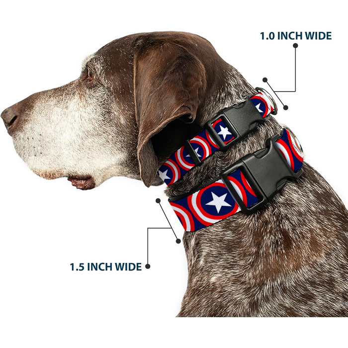 Нашийник для собак Капітан Америка, з пластиковою застібкою, синій, вузький, середній розмір (7-13.5 см) - для шиї 8-12 дюймів (20-30 см)