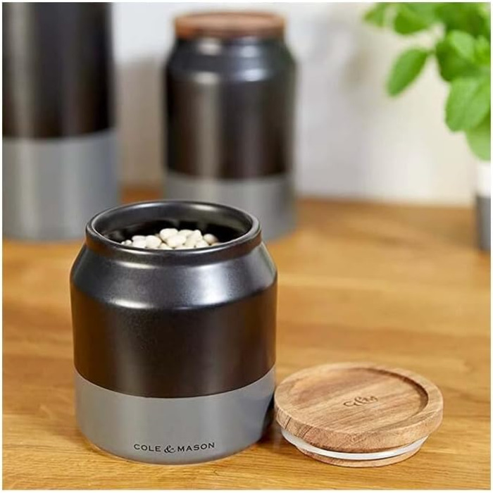 Керамічні контейнери для зберігання Cole & Mason H822137 Hinxton з дерев&39яними кришками, чорні/сірі/коричневі, 125 мм x 110 мм, коробка для зберігання / кухонний контейнер / контейнери для зберігання продуктів, гарантія 2 роки, невеликий контейнер для з