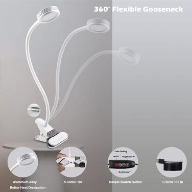 Лампа для читання EYOCEAN, світлодіодна лампа-затискач, лампа на гусячій шиї, дитяча приліжкова лампа, 3 колірні режими та 9 рівні