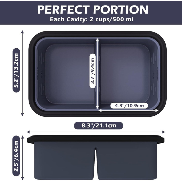 Контейнери для заморожування супів webake Силіконовий лоток для заморожування 500 мл 2 шт. з кришкою Контейнер для заморожування харчових продуктів Контейнер для зберігання надзвичайно великий лоток для кубиків льоду для супу, бульйону, соусу, кубиків льо