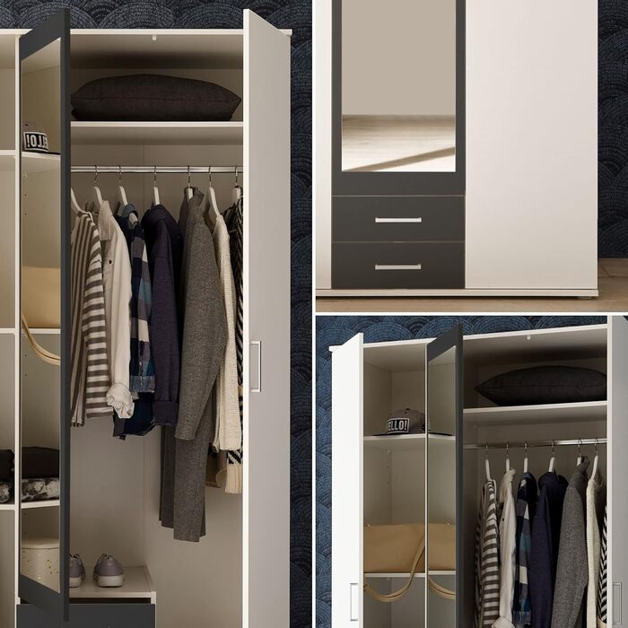 Шафа з дзеркальними дверима білого та графітового кольору - Універсальна 3-дверна шафа для вашої спальні - 120 x 196 x 54 см (Ш/В/Г) Білий / Графітовий 3-дверний