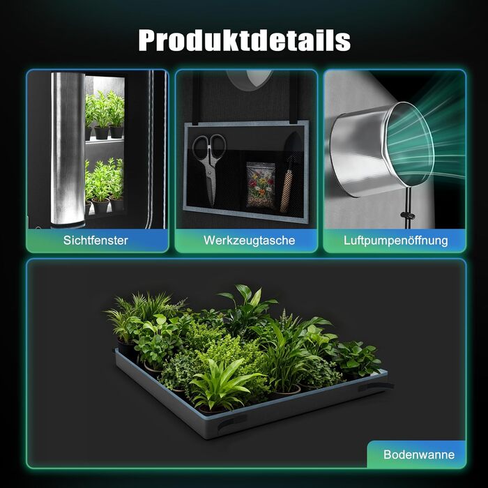 См, Гроубокс з міцним та водонепроникним зовнішнім шаром 1680D, високовідбиваюче алюмінієве внутрішнє покриття, Гроутент з великим оглядовим вікном та піддоном, A06 (Чорний) 60 см (Ш) x 60 см (Г) x 180 см (В), 60x60x180