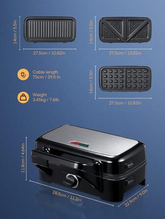 Сендвіч-машина HOUSNAT 3 в 1 - вафельниця, контактний гриль, сендвіч-машина - 1200 Вт з 5-швидкісним регулюванням температури - для бельгійських вафель - Антипригарне покриття - ідеально підходить для сніданку, кемпінгу та багато іншого Чорний