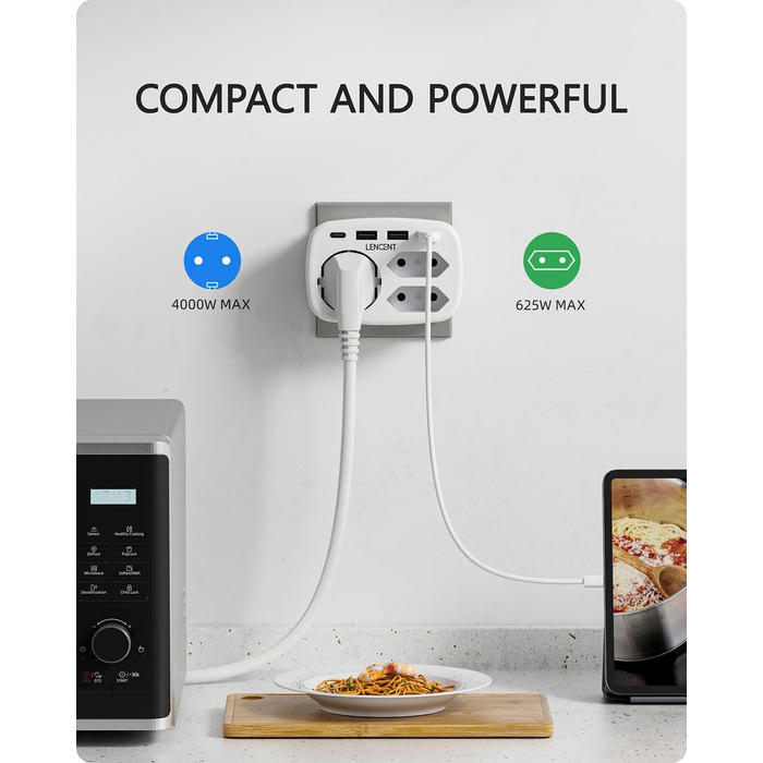 Розетка 7 в 1 адаптер для декількох розеток, 3 відділення подвійний євро і 1 вилка Schuko з 3 USB і USB-C з'єднаннями, подвійна ви