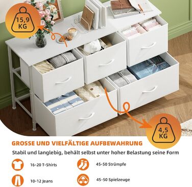 Комод Somdot, Тканинний комод, Комод для спальні, вітальні, коридору, Комод, Шафа для зберігання, 5 тканинних шухляд, Біла шкіра, 30Г x 100Ш x 55В см (5 шухляд)