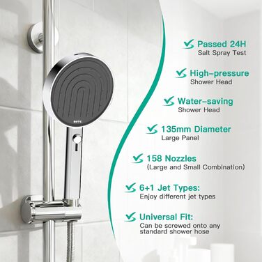 Економна душова лійка високого тиску, 7 режимів струменя з верхнім розпилювачем, велика ручна лійка 135 мм, душова лійка з функцією захисту від накипу, хромована