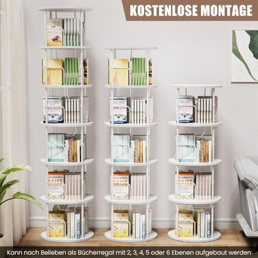 Звичайна книжкова полиця, що обертається на 360, підлогова дерев&39яна книжкова шафа, книжкова полиця з 6 полицями, регульовані полиці, стояча полиця, 4545193 см, білий колір, 6 полиць