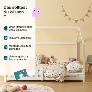 Дитяче ліжко Hesel, домашнє ліжко, біле, 90 x 200 см, із захистом від падіння та рейковою основою, підлогове ліжко Монтессорі, дитяче ліжко, дерев&39яне ліжко