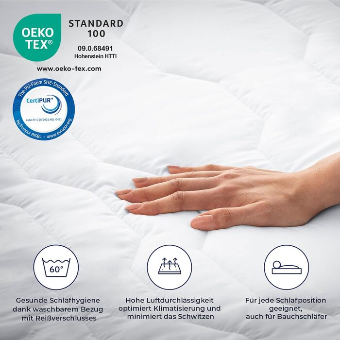 Матрац з пружинним блоком кишенькової форми 90x200 см Рівень жорсткості H3 Висота 20 см Ергономічний 7-зонний матрац Чохол з мікрофібри, який можна прати Сертифіковано Oeko-TEX та CertiPUR Зроблено в Німеччині 90 x 200 см H3