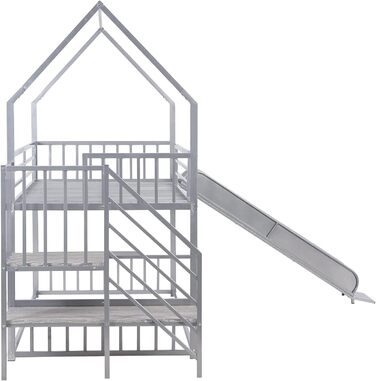 Двоярусне металеве двоярусне ліжко, форма будинку з гіркою та сходами, не потрібна пружина, діти, дівчатка, хлопчики, сріблясте ме