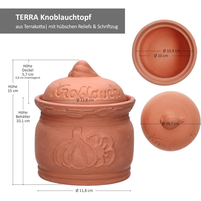 Горщик для часнику MamboCat Terra з теракоти Ø 12,8 см Глиняний горщик з кришкою для вашої кухні Гарної форми контейнер для зберігання з рельєфним малюнком та написами Ідеально підходить для тривалого зберігання