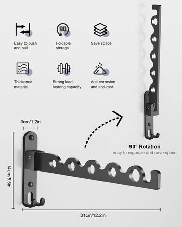 Настінна вішалка Складана, вішалка для одягу Вішалка гачок Алюмінієва для пральні Ванна кімната Ванна кімната Балкон (Чорна, 1) Чо