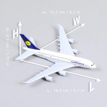 Металева модель літака Airbus A380 авіакомпанії Lufthansa в масштабі 1/400 з підставкою (15 см завдовжки), підходить для авіаційних ентузіастів як подарунок або декорація для виставки. 01.lufthansa