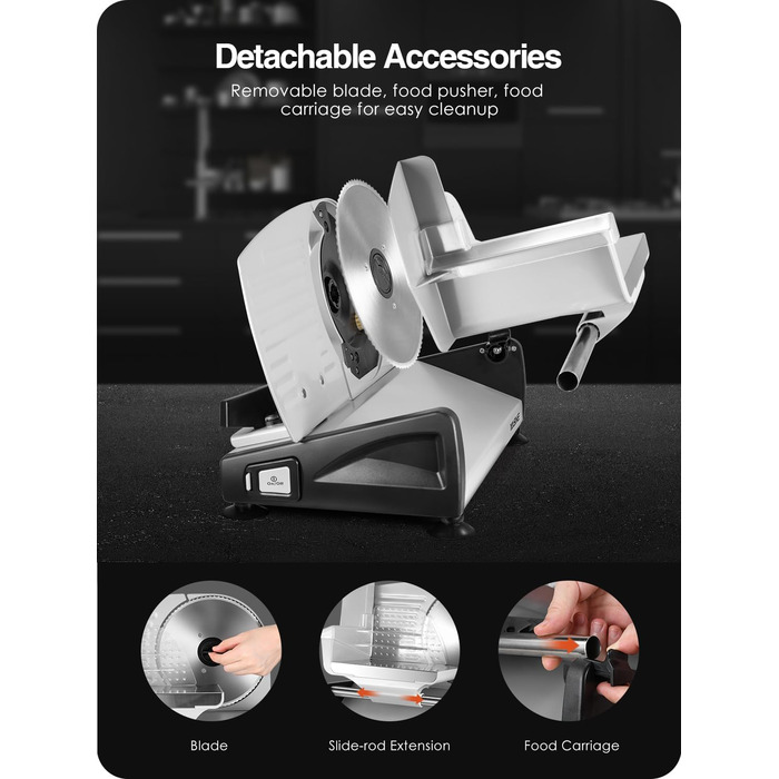 Електричний нарізувач їжі YASHE SL-518 - Нарізка для м'яса та хліба потужністю 250 Вт з регульованою товщиною 0-15 мм, 2 знімними лезами з нержавіючої сталі 19 см, запобіжним замком і всмоктувальної основою