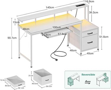 Ігровий стіл Coleshome зі світлодіодним освітленням, 140x48 см, стіл з тканинними шухлядами, комп&39ютерний стіл з 2 розетками та 2 USB-портами, ігровий стіл з підставкою для монітора для домашнього офісу, білий 140x48 см