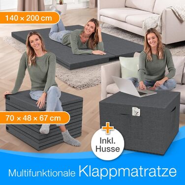 Розкладний матрац ELONEO 140x200 см з чохлом, висота 8 см, розкладний гостьовий матрац, розкладний матрац, розкладний матрац, ортопедична подушка, дорожній матрац, розкладне гостьове ліжко, розкладне ліжко, яке можна прати, 140 x 200 x 8 см, антрацит