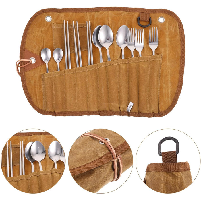 Набір посуду для кемпінгу Beavorty з рулоном столових приборів, портативні столові прибори з нержавіючої сталі для подорожей на відкритому повітрі з сумкою для зберігання, легкий посуд для пікніка для кемпінгу, походів та барбекю