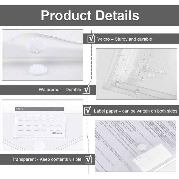 Сумка для документів Agoer 48 шт. A4 на липучці, ширші розміри Папка для документів A4 для подачі, A4 прозора з 11 отворами для впорядкування документів з кишенею для етикеток 48 шт. на липучці