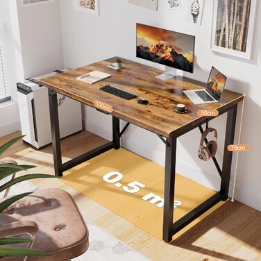 Письмовий стіл Devoko 100x50x75 см Невеликий комп&39ютерний стіл з регульованими ніжками та гачками Вантажопідйомність 60 кг, водонепроникний Для домашнього офісу та кабінету Вінтажний коричневий 100 x 50 x 75 см