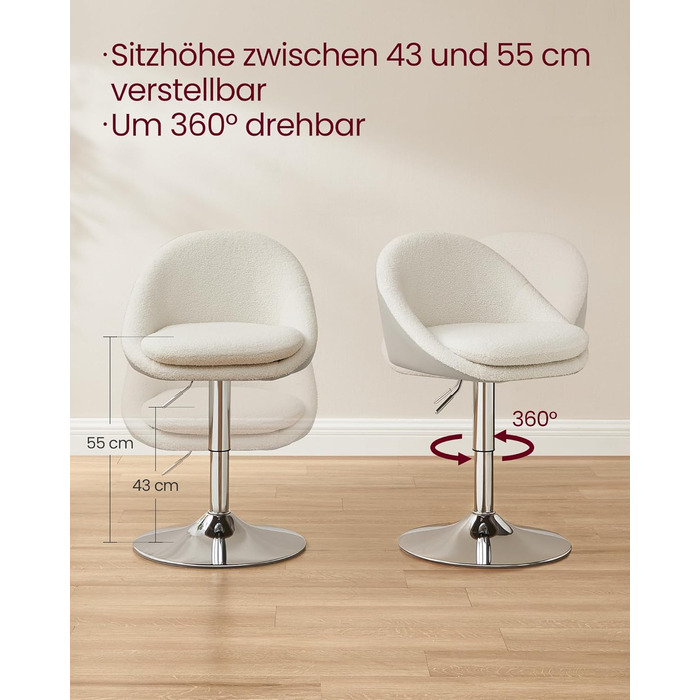 Регульований стілець VASAGLE, крісло для туалетного столика, офісне крісло, обертовий барний стілець зі спинкою та основою, сталь, для стійки, офісу, туалетного столика, їдальні, кремово-білий LJB100W01 кремово-білий фліс