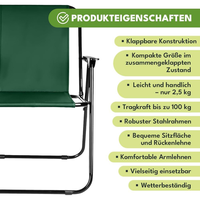 Складаний кемпінговий стілець, зелений, міцний кемпінговий стілець, до 100 кг, сталевий каркас, складний садовий стілець 73x46x51 см, складний стілець для саду, пляжу, риболовлі, балкону, аксесуари для кемпінгу