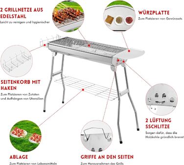 Переносний вугільний гриль 100 см з решіткою для шашлику та барбекю для саду, кемпінгу, тераси Складаний гриль для пікніка з нержавіючої сталі