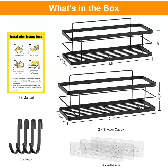 Полиця для душу, 2 шт. и, нержавіюча, нержавіюча сталь 304, настінний кронштейн, кошик для душу, без свердління, самоклеюча полиця для зберігання у ванній кімнаті з 4 гачками для ванної, кухні та дому, матовий чорний