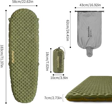 Килимок для сну Naturehike з високим R-значенням 3.5, ультралегкий, 4 сезони (6), самонадувний, з надувним мішком, міцний, високий R-значення, висока ізоляція, для зими, військово-зелений - Мумія - L