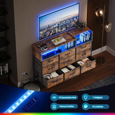 Комод ODK з висувними шухлядами, комод з 2 розетками, 2 USB-портами та 10 кольоровими світлодіодними стрічками, комод з полицею, стільниця з 9 тканинними шухлядами для спальні та вітальні, 130 * 30 * 97 см у ретро-стилі