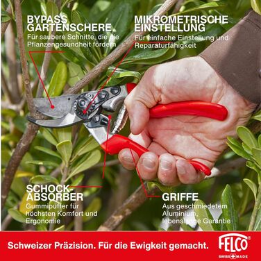 Садові ножиці FELCO 8 Bypass для правшів, ергономічний дизайн для великих рук, сталеве лезо 52 мм, діаметр різання 25 мм, амортизатор, ковані алюмінієві ручки, похила ріжуча головка, швейцарське виробництво FELCO 8 Large Hands (L)
